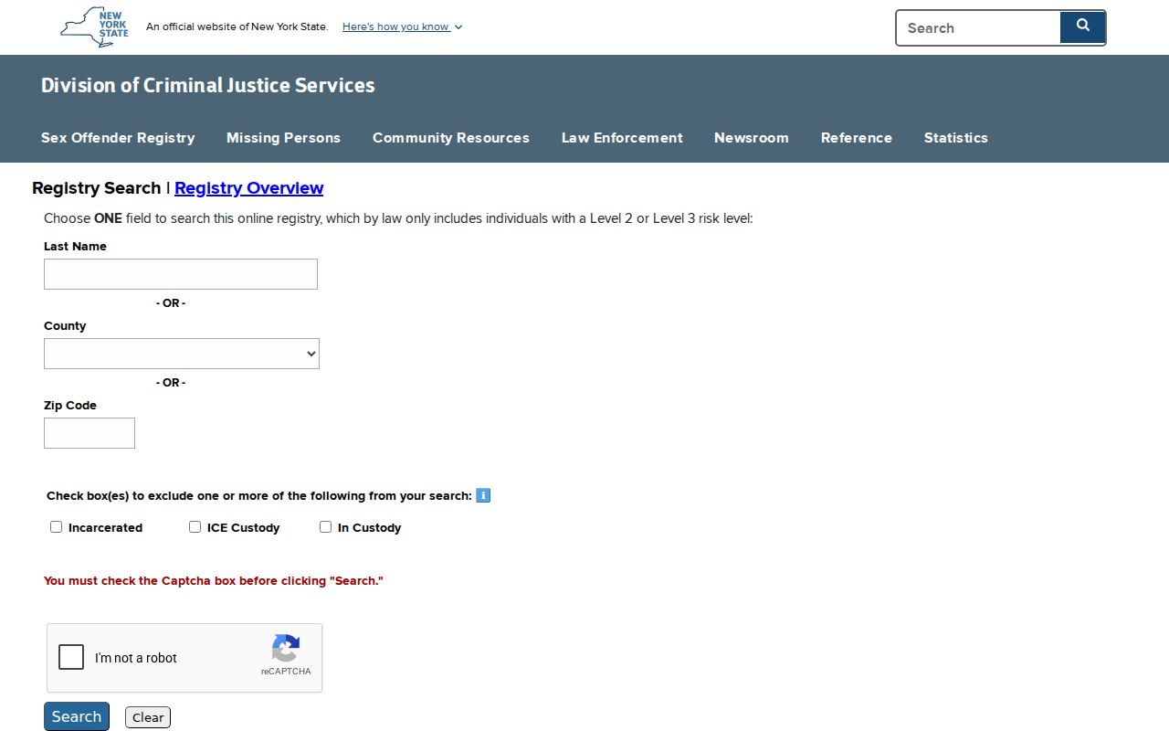 Fulton County sex offender check on the New York registry search form